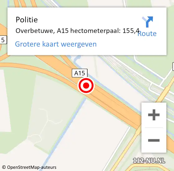 Locatie op kaart van de 112 melding: Politie Overbetuwe, A15 hectometerpaal: 155,4 op 20 oktober 2021 21:44