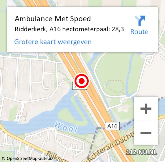 Locatie op kaart van de 112 melding: Ambulance Met Spoed Naar Ridderkerk, A16 hectometerpaal: 28,3 op 20 oktober 2021 23:13