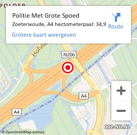 Locatie op kaart van de 112 melding: Politie Met Grote Spoed Naar Zoeterwoude, A4 hectometerpaal: 34,9 op 20 oktober 2021 23:53