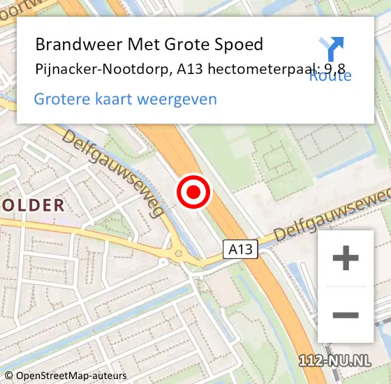 Locatie op kaart van de 112 melding: Brandweer Met Grote Spoed Naar Pijnacker-Nootdorp, A13 hectometerpaal: 9,8 op 21 oktober 2021 00:30