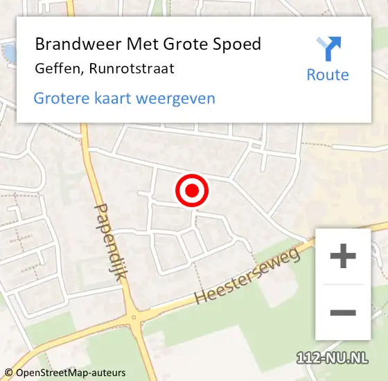 Locatie op kaart van de 112 melding: Brandweer Met Grote Spoed Naar Geffen, Runrotstraat op 21 oktober 2021 00:49