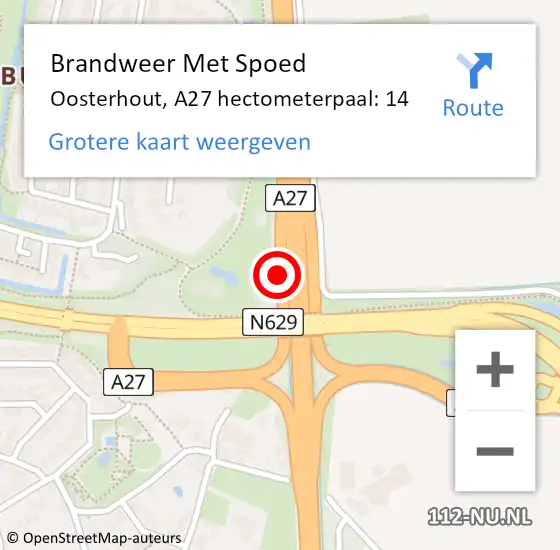 Locatie op kaart van de 112 melding: Brandweer Met Spoed Naar Oosterhout, A27 hectometerpaal: 14 op 21 oktober 2021 03:08