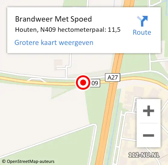 Locatie op kaart van de 112 melding: Brandweer Met Spoed Naar Houten, N409 hectometerpaal: 11,5 op 21 oktober 2021 03:08