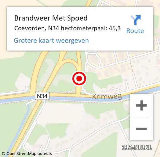 Locatie op kaart van de 112 melding: Brandweer Met Spoed Naar Coevorden, N34 hectometerpaal: 45,3 op 21 oktober 2021 05:00