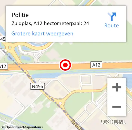 Locatie op kaart van de 112 melding: Politie Zuidplas, A12 hectometerpaal: 24 op 21 oktober 2021 06:37