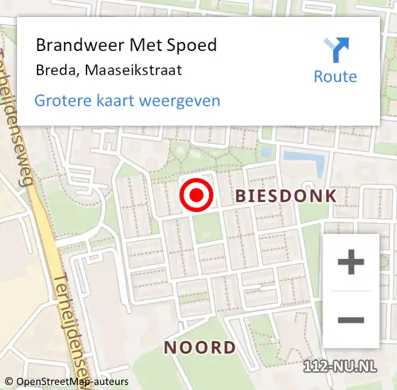 Locatie op kaart van de 112 melding: Brandweer Met Spoed Naar Breda, Maaseikstraat op 21 oktober 2021 07:05