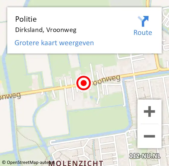 Locatie op kaart van de 112 melding: Politie Dirksland, Vroonweg op 21 oktober 2021 08:47