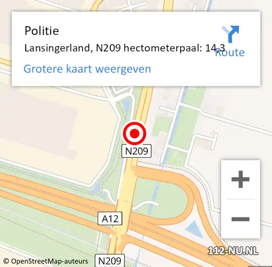 Locatie op kaart van de 112 melding: Politie Lansingerland, N209 hectometerpaal: 14,3 op 21 oktober 2021 09:29