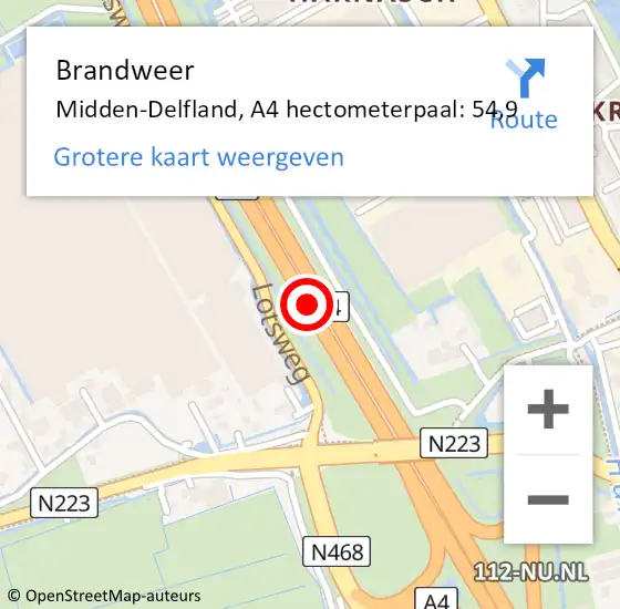 Locatie op kaart van de 112 melding: Brandweer Midden-Delfland, A4 hectometerpaal: 54,9 op 21 oktober 2021 10:21