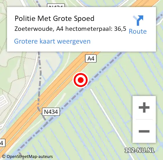 Locatie op kaart van de 112 melding: Politie Met Grote Spoed Naar Zoeterwoude, A4 hectometerpaal: 36,5 op 21 oktober 2021 14:37