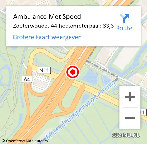 Locatie op kaart van de 112 melding: Ambulance Met Spoed Naar Zoeterwoude, A4 hectometerpaal: 33,3 op 21 oktober 2021 14:52