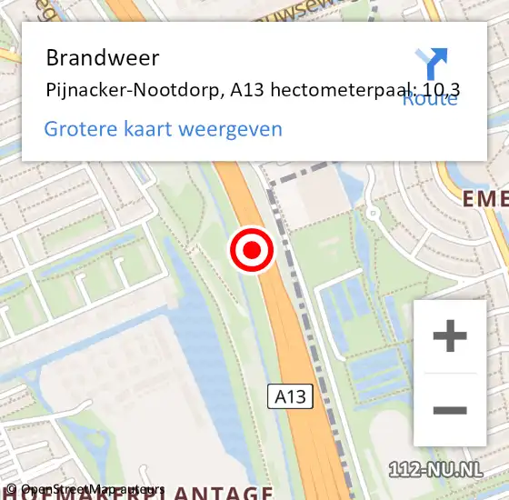 Locatie op kaart van de 112 melding: Brandweer Pijnacker-Nootdorp, A13 hectometerpaal: 10,3 op 21 oktober 2021 14:56