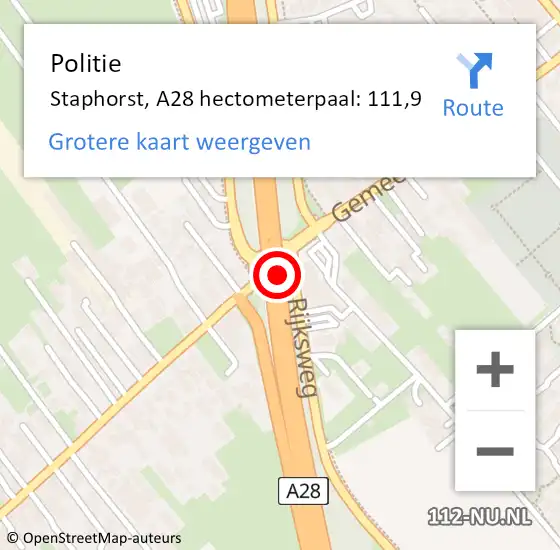 Locatie op kaart van de 112 melding: Politie Staphorst, A28 hectometerpaal: 111,9 op 21 oktober 2021 16:02