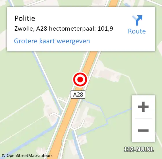 Locatie op kaart van de 112 melding: Politie Zwolle, A28 hectometerpaal: 101,9 op 21 oktober 2021 16:14