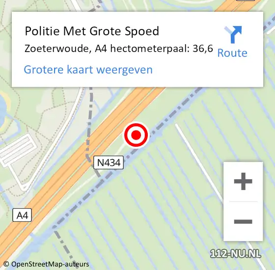 Locatie op kaart van de 112 melding: Politie Met Grote Spoed Naar Zoeterwoude, A4 hectometerpaal: 36,6 op 21 oktober 2021 16:20