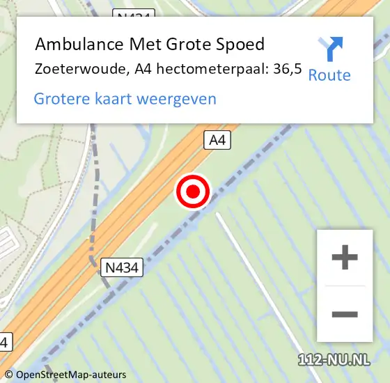 Locatie op kaart van de 112 melding: Ambulance Met Grote Spoed Naar Zoeterwoude, A4 hectometerpaal: 36,5 op 21 oktober 2021 16:21