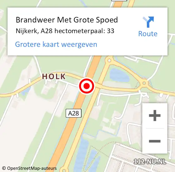 Locatie op kaart van de 112 melding: Brandweer Met Grote Spoed Naar Nijkerk, A28 hectometerpaal: 33 op 21 oktober 2021 17:20