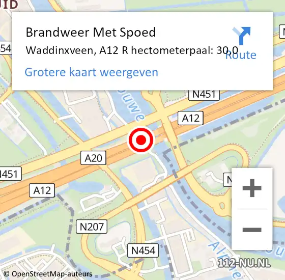 Locatie op kaart van de 112 melding: Brandweer Met Spoed Naar Waddinxveen, A12 L hectometerpaal: 27,1 op 26 juni 2014 18:41