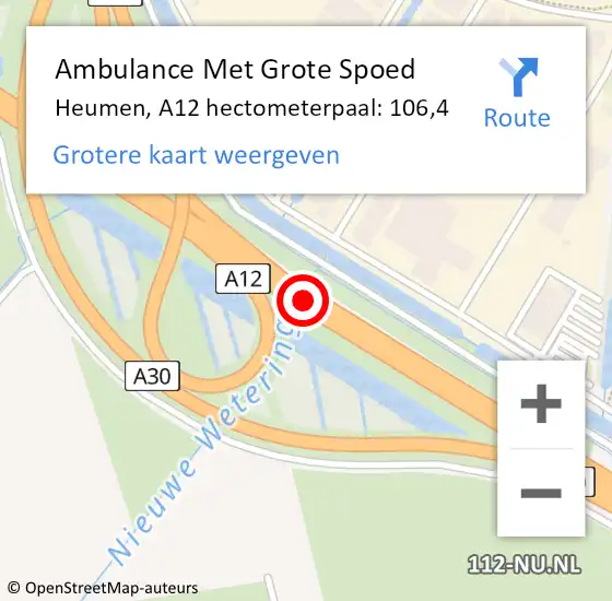 Locatie op kaart van de 112 melding: Ambulance Met Grote Spoed Naar Heumen, A12 hectometerpaal: 106,4 op 21 oktober 2021 18:18