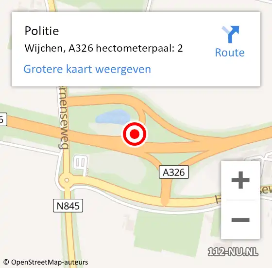 Locatie op kaart van de 112 melding: Politie Wijchen, A326 hectometerpaal: 2 op 21 oktober 2021 20:43