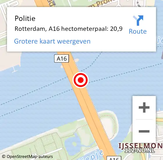Locatie op kaart van de 112 melding: Politie Rotterdam, A16 hectometerpaal: 20,9 op 21 oktober 2021 20:47