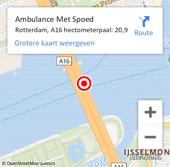 Locatie op kaart van de 112 melding: Ambulance Met Spoed Naar Rotterdam, A16 hectometerpaal: 20,9 op 21 oktober 2021 20:48