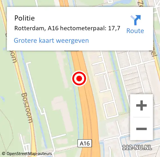 Locatie op kaart van de 112 melding: Politie Rotterdam, A16 hectometerpaal: 17,7 op 21 oktober 2021 21:00