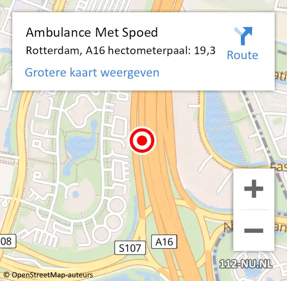 Locatie op kaart van de 112 melding: Ambulance Met Spoed Naar Rotterdam, A16 hectometerpaal: 19,3 op 21 oktober 2021 21:22