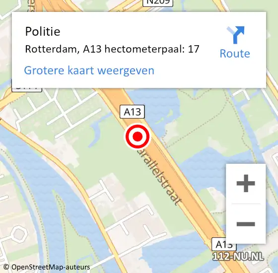 Locatie op kaart van de 112 melding: Politie Rotterdam, A13 hectometerpaal: 17 op 21 oktober 2021 22:14