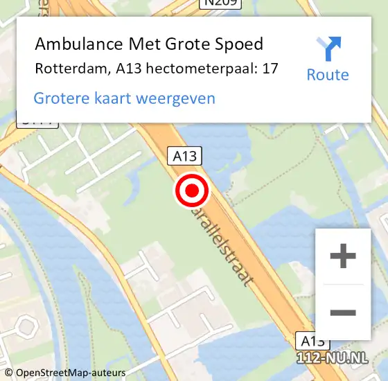 Locatie op kaart van de 112 melding: Ambulance Met Grote Spoed Naar Rotterdam, A13 hectometerpaal: 17 op 21 oktober 2021 22:14