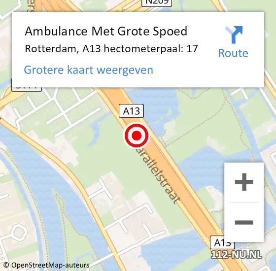 Locatie op kaart van de 112 melding: Ambulance Met Grote Spoed Naar Rotterdam, A13 hectometerpaal: 17 op 21 oktober 2021 22:19