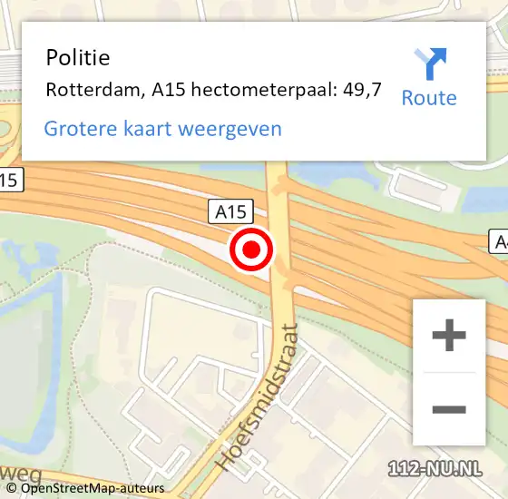 Locatie op kaart van de 112 melding: Politie Rotterdam, A15 hectometerpaal: 49,7 op 21 oktober 2021 22:35