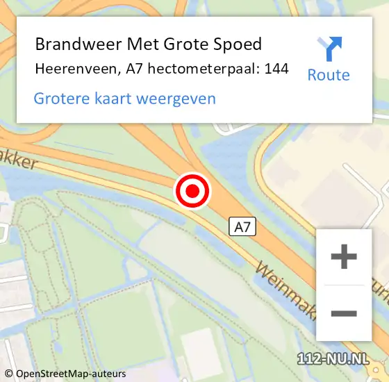Locatie op kaart van de 112 melding: Brandweer Met Grote Spoed Naar Heerenveen, A7 hectometerpaal: 144 op 21 oktober 2021 22:39
