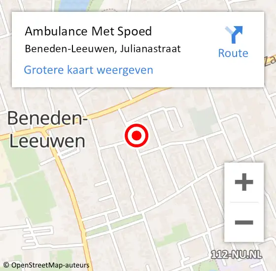 Locatie op kaart van de 112 melding: Ambulance Met Spoed Naar Beneden-Leeuwen, Julianastraat op 21 oktober 2021 22:51