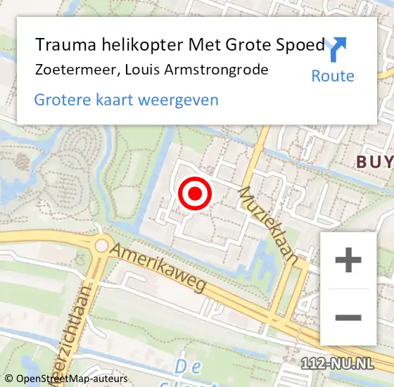 Locatie op kaart van de 112 melding: Trauma helikopter Met Grote Spoed Naar Zoetermeer, Louis Armstrongrode op 21 oktober 2021 23:06