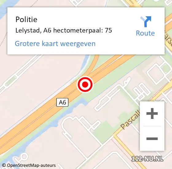 Locatie op kaart van de 112 melding: Politie Lelystad, A6 hectometerpaal: 75 op 21 oktober 2021 23:20