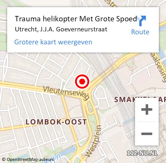 Locatie op kaart van de 112 melding: Trauma helikopter Met Grote Spoed Naar Utrecht, J.J.A. Goeverneurstraat op 22 oktober 2021 00:49