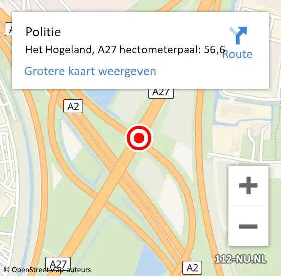 Locatie op kaart van de 112 melding: Politie Vianen, A27 hectometerpaal: 56,6 op 22 oktober 2021 08:23