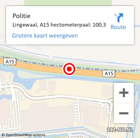 Locatie op kaart van de 112 melding: Politie Lingewaal, A15 hectometerpaal: 100,3 op 22 oktober 2021 09:28