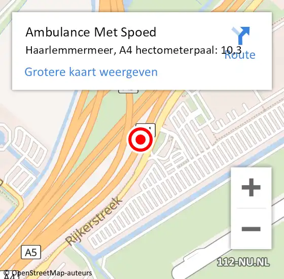 Locatie op kaart van de 112 melding: Ambulance Met Spoed Naar Haarlemmermeer, A4 hectometerpaal: 10,3 op 22 oktober 2021 12:19