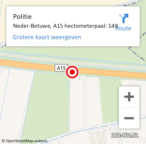 Locatie op kaart van de 112 melding: Politie Neder-Betuwe, A15 hectometerpaal: 149 op 22 oktober 2021 12:45