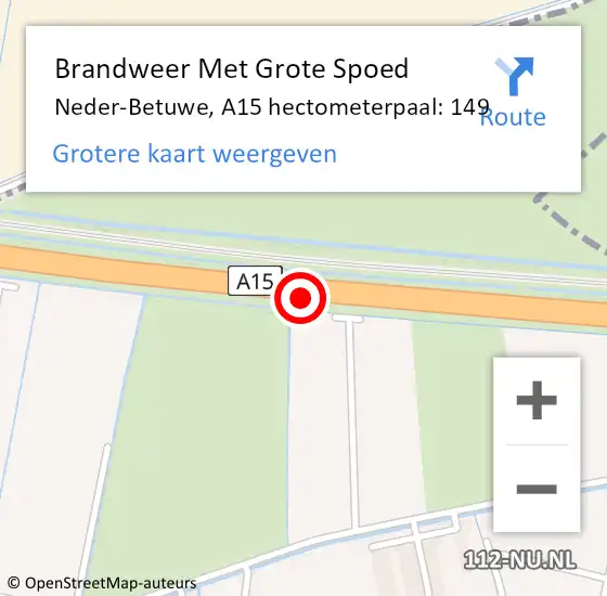 Locatie op kaart van de 112 melding: Brandweer Met Grote Spoed Naar Neder-Betuwe, A15 hectometerpaal: 149 op 22 oktober 2021 12:46