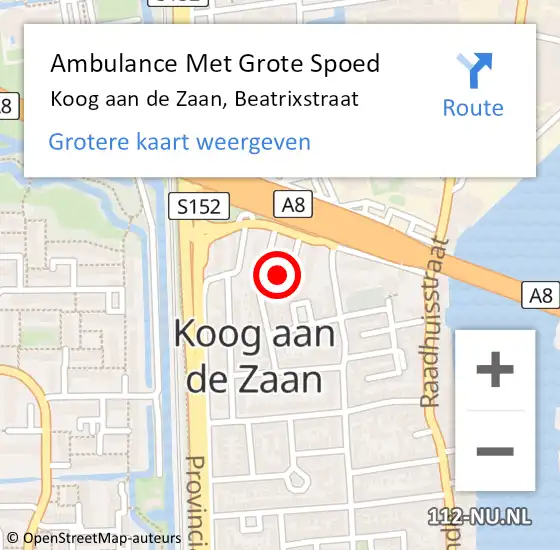 Locatie op kaart van de 112 melding: Ambulance Met Grote Spoed Naar Koog aan de Zaan, Beatrixstraat op 22 oktober 2021 13:03