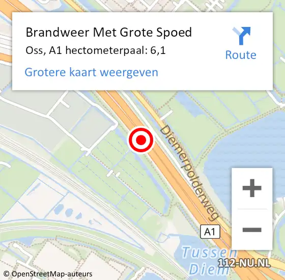 Locatie op kaart van de 112 melding: Brandweer Met Grote Spoed Naar Oss, A1 hectometerpaal: 6,1 op 22 oktober 2021 13:10