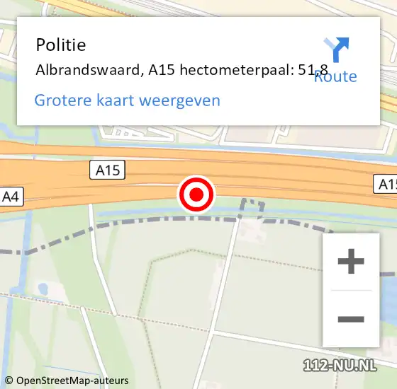 Locatie op kaart van de 112 melding: Politie Albrandswaard, A15 hectometerpaal: 51,8 op 22 oktober 2021 13:50