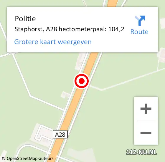 Locatie op kaart van de 112 melding: Politie Staphorst, A28 hectometerpaal: 104,2 op 22 oktober 2021 14:11