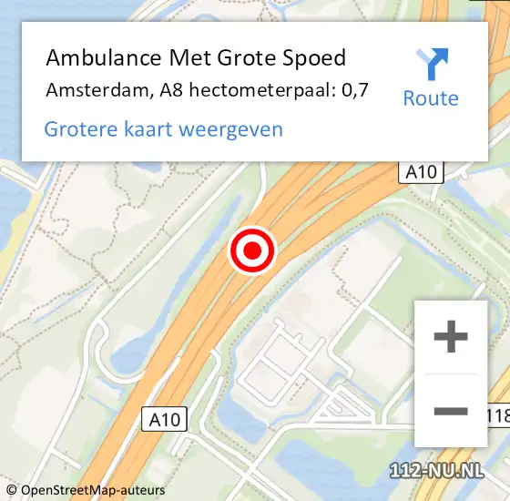 Locatie op kaart van de 112 melding: Ambulance Met Grote Spoed Naar Amsterdam, A8 hectometerpaal: 0,7 op 22 oktober 2021 15:59
