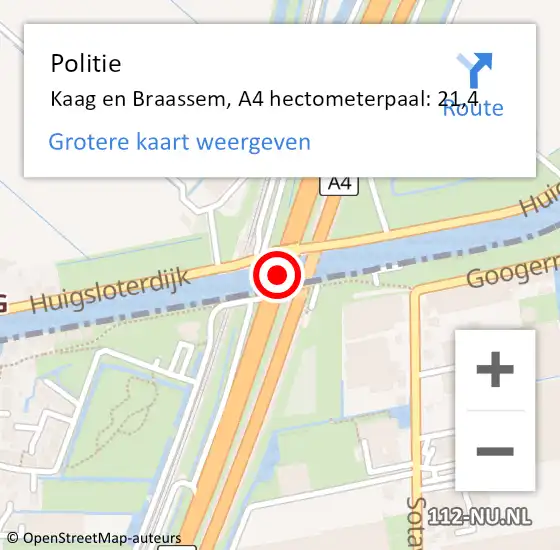 Locatie op kaart van de 112 melding: Politie Kaag en Braassem, A4 hectometerpaal: 21,4 op 22 oktober 2021 16:06