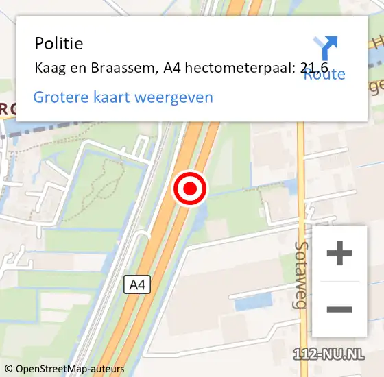 Locatie op kaart van de 112 melding: Politie Kaag en Braassem, A4 hectometerpaal: 21,6 op 22 oktober 2021 16:14