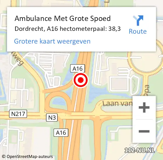 Locatie op kaart van de 112 melding: Ambulance Met Grote Spoed Naar Dordrecht, A16 hectometerpaal: 38,3 op 22 oktober 2021 16:22